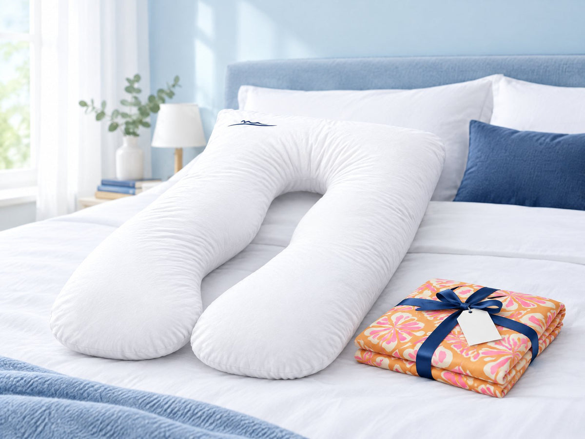 KomfortKissen™ Premium auf dem Bett, daneben ein gefalteter Ersatzbezug mit Geschenkschleife