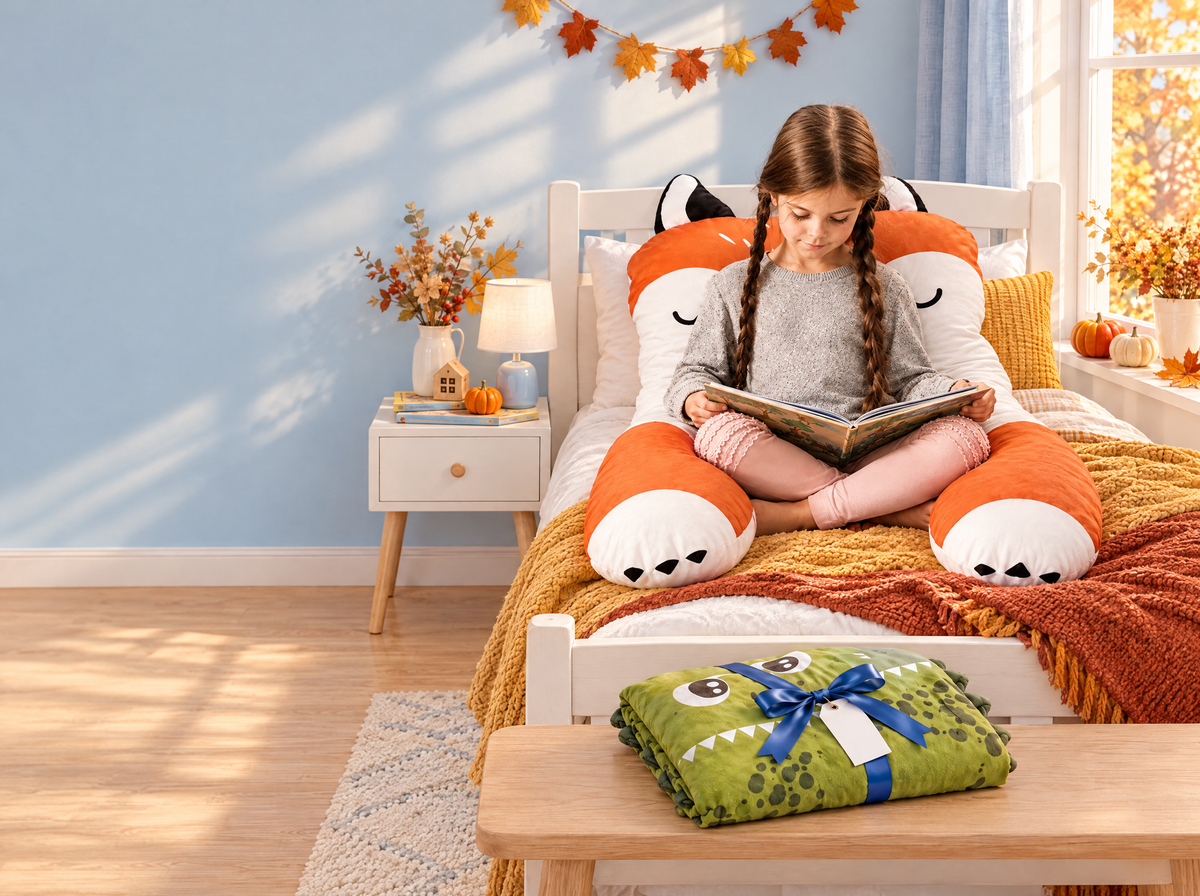 Mädchen liest auf dem Kinderbett mit KomfortKissen Kids