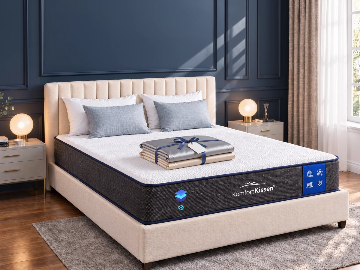 KomfortKissen Matratze im Schlafzimmer mit gefaltetem Satin-Bettwäsche-Set und Geschenkschleife
