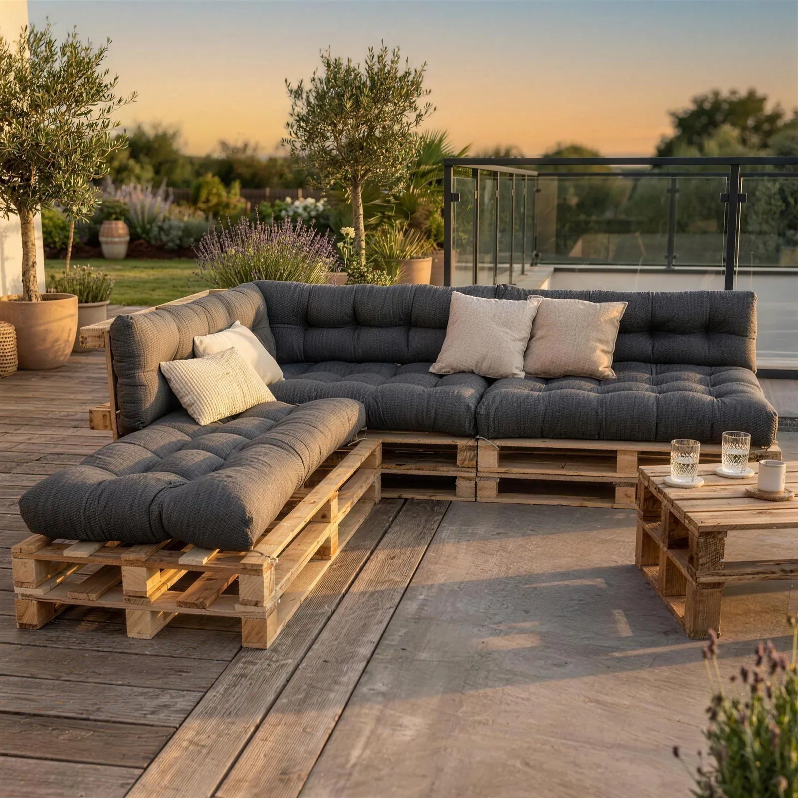 Premium Palettenkissen auf der Terrasse – gemütliche Lounge-Ecke