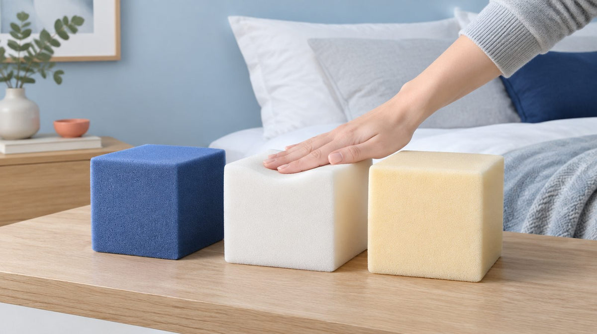 Three foam samples in blue, white and yellowish for comparing gel, cold foam and memory foam toppers