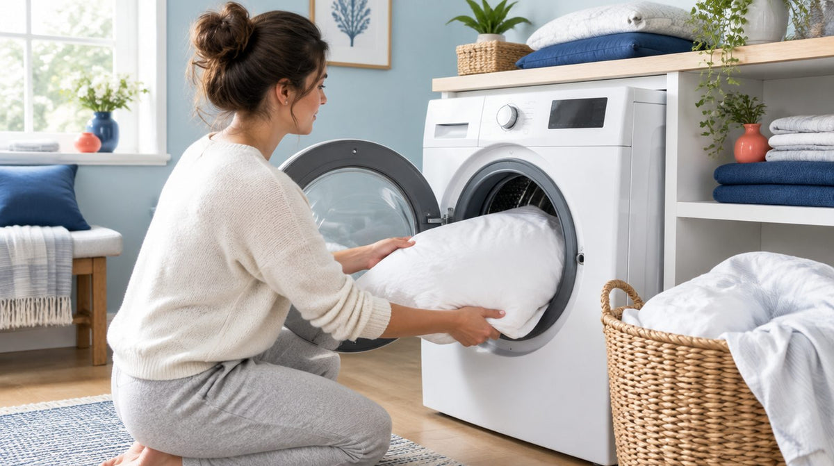 Een kussensloop wordt in een voorlader-wasmachine gelegd om het hoofdkussen te wassen
