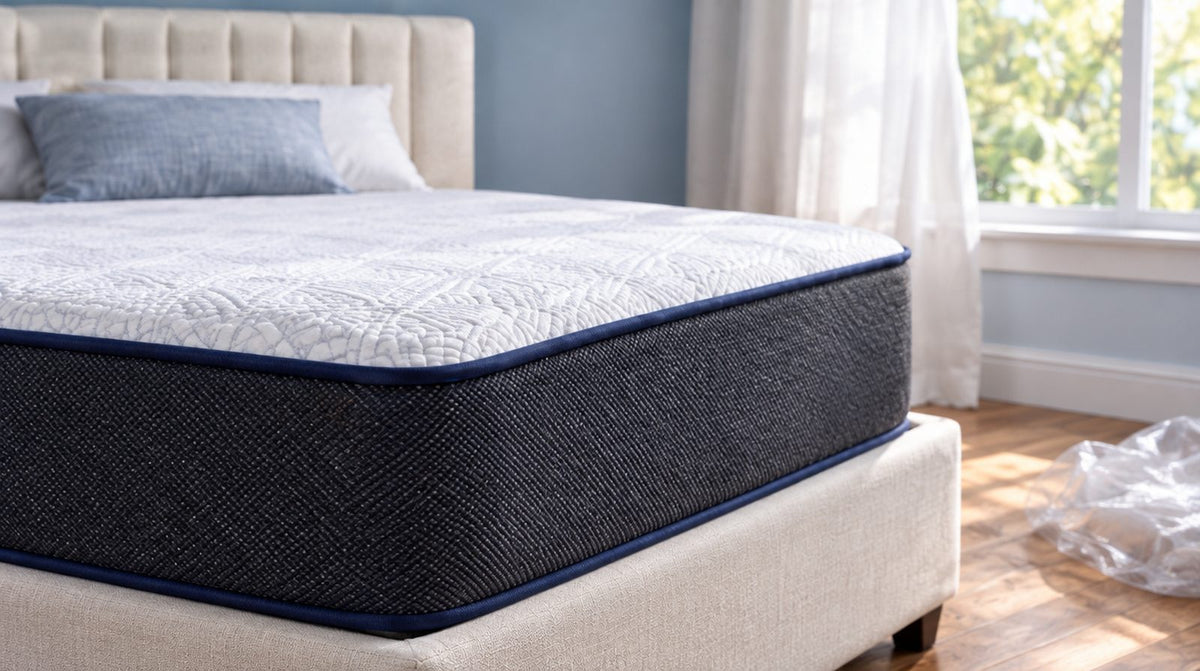 Matelas neuf sur le cadre de lit après le déballage, avec le film d'emballage près de la fenêtre