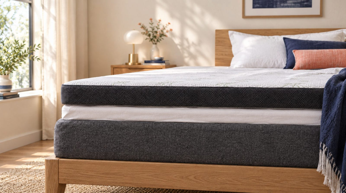 Side view of a bed with a mattress, a thin mattress pad and a topper as the top layer