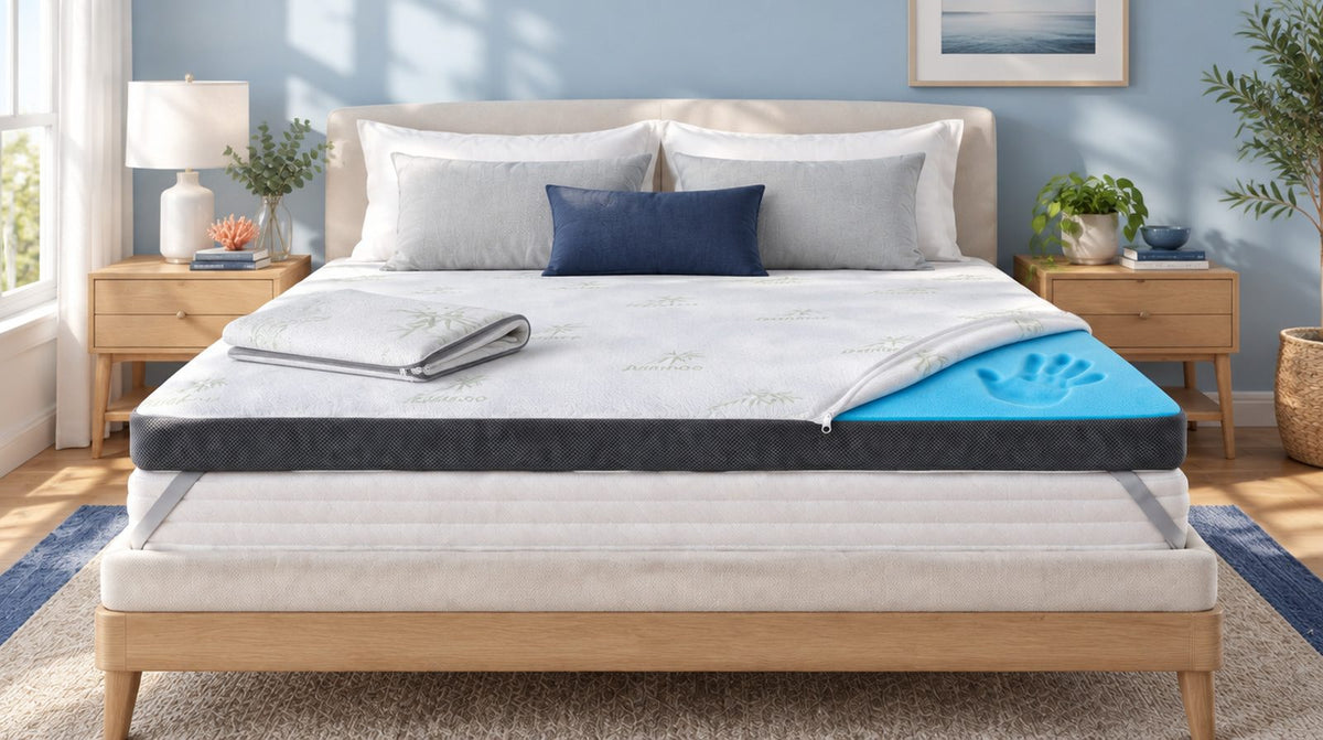 Topper with its zip cover partly opened, next to the folded cover for washing and care